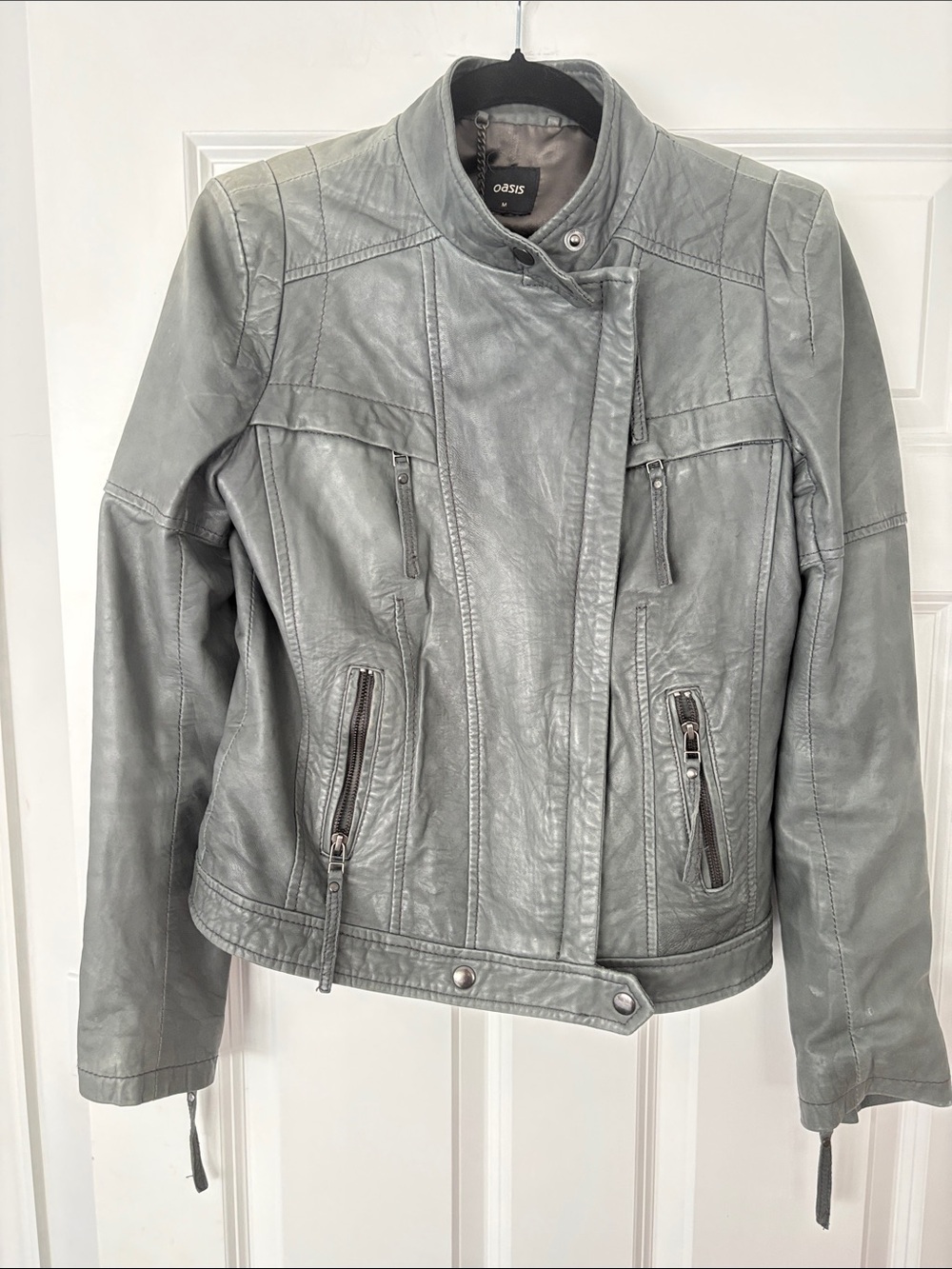 Oasis Gray Biker Genuine Leather Jacket ASO Amy Pond Doctor Who size M